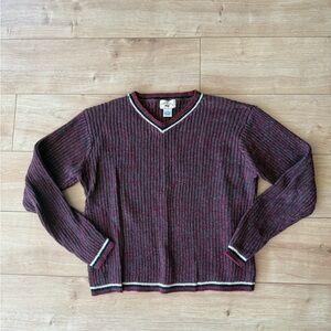 Vintage County Seat Womens Rib Knit Sweater Red Gray V Neck Cotton M 90s